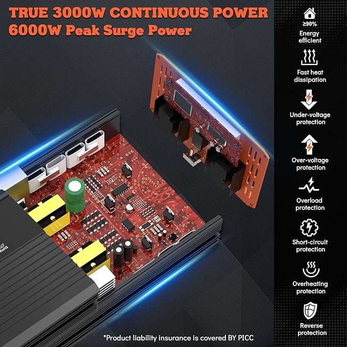 3000 Watt Power Inverter, Car/Home 12V DC to 110V AC Converter, with LED Display, Dual AC Outlets, USB Port, Dual Smart Fans, Cables Included, Suitable for Home, RV