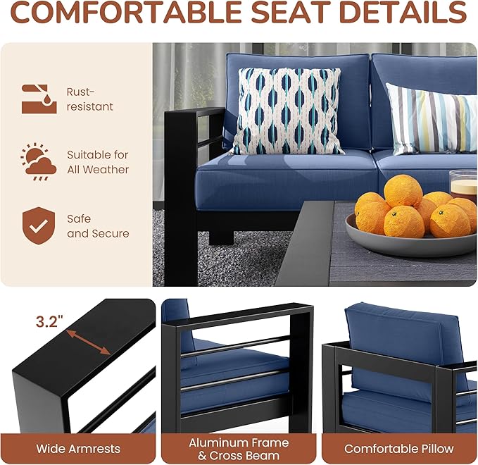 Solaste Aluminum Patio Furniture Set, 5 Seats Modern Outdoor Conversation Set Sectional Sofa with Upgrade Cushion and Coffee Table,Black Frame and Blue Cushion