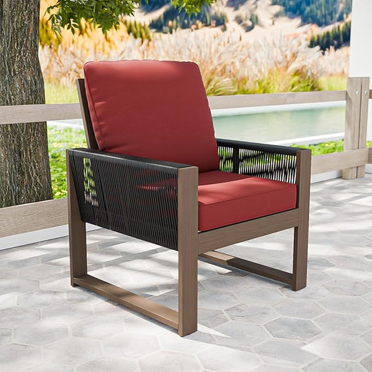 COOS BAY Natural Cedar Wood Patio Chair with Cushions, Durable Outdoor Furniture, Patio Dining Armchair for Deck, Porch, or Garden, 1 Piece, Brownish/Red