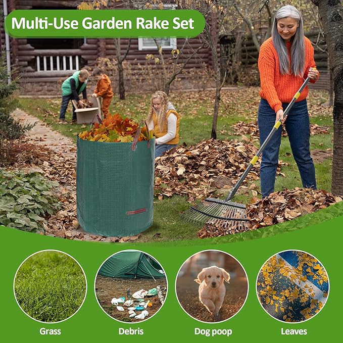 Garden Leaf Rake Set with 25 Tines, Heavy Duty Metal Rake for Leave (Adjustable 73" Long, 18" Wide) with 32 Gallon Reusable Leaf Bag, Ideal for Yard Lawn Shrub Gardening