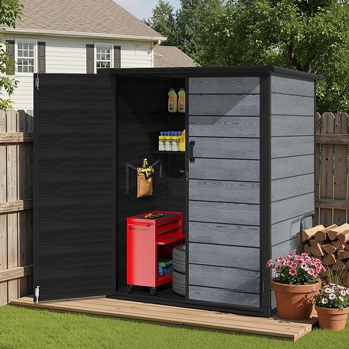 Vertical Outdoor Storage Shed with Floor, 56.8 Cu.Ft Resin Tool Cabinet with Lockable Doors, Waterproof Garden Storage Shed for Patio, Backyard & Garage Organization (Dark Gray)