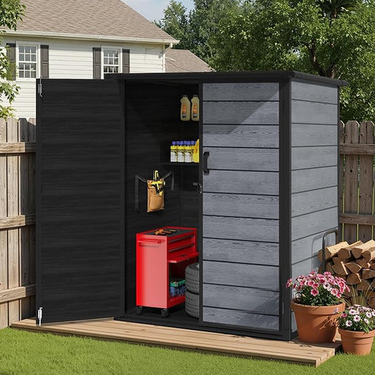 Vertical Outdoor Storage Shed with Floor, 56.8 Cu.Ft Resin Tool Cabinet with Lockable Doors, Waterproof Garden Storage Shed for Patio, Backyard & Garage Organization (Dark Gray)