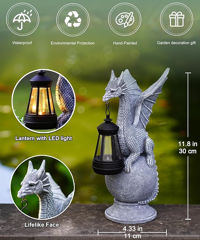 Dragon Statue with Solar Lights Lantern,Outdoor Garden Sculpture Decor for Yard Lawn Balcony Patio Porch,Gardening Gifts for Mom Women Grandma