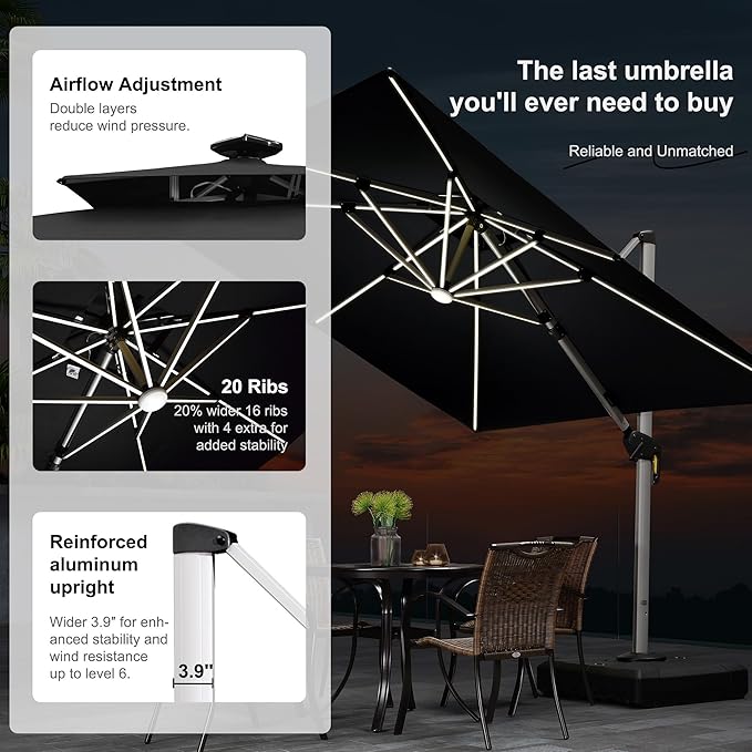 PURPLE LEAF 10 Feet Double Top Deluxe Solar Powered LED Square Patio Umbrella Offset Hanging Umbrella Outdoor Market Umbrella Garden Umbrella, Black
