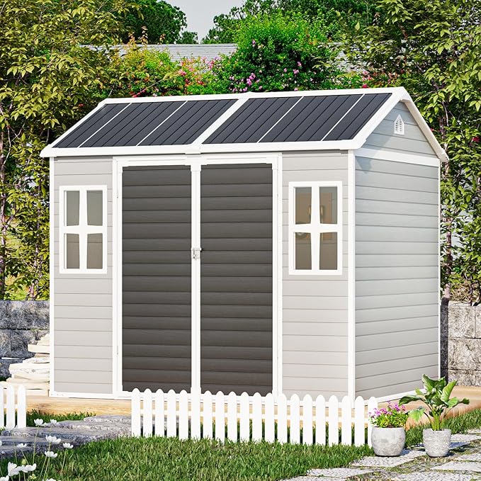 8x6 FT Resin Storage Sheds with Floor Windows, Waterproof Plastic Outdoor Shed Kit, Outside Tools Sheds for Backyard Garden Patio Lawn