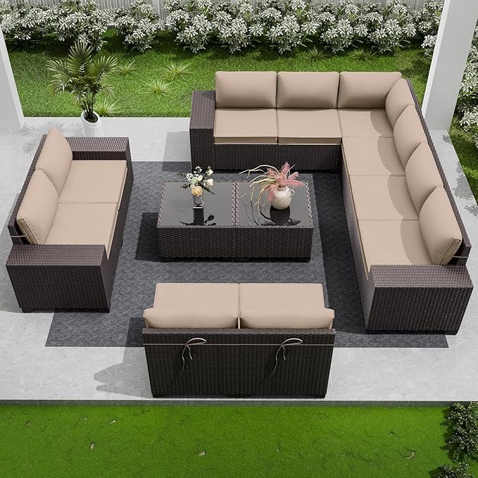 Outdoor Patio Furniture Set, 12 Pieces Outdoor Furniture All Weather Patio Sectional Sofa PE Wicker Modular Conversation Sets with Coffee Table,10 Chairs & Seat ClipsBrown.