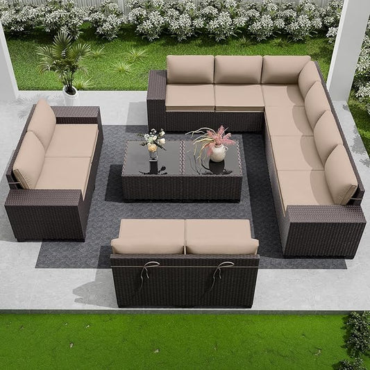 Outdoor Patio Furniture Set, 12 Pieces Outdoor Furniture All Weather Patio Sectional Sofa PE Wicker Modular Conversation Sets with Coffee Table,10 Chairs & Seat ClipsBrown.