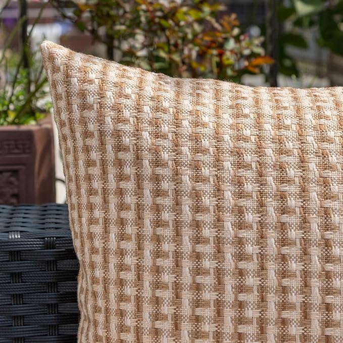 Kevin Textile Outdoor Waterproof Throw Pillow Covers Pack of 2 Farmhouse Decorative Cushion Covers for Garden Patio Tent Balcony Bench Couch Sofa 20x20 Inch, Light Brown