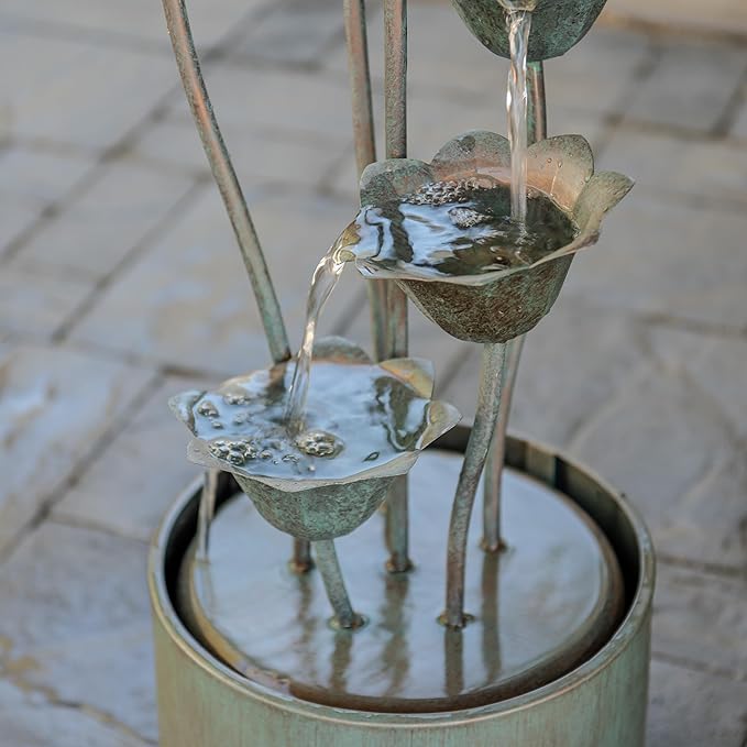 XBrand Metal Sculptural Multi-Tiered Flower Water Fountain, No LED Lights, Silver, 35" Tall