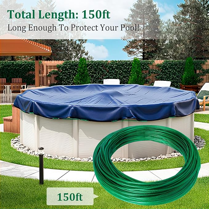 Belleone Swimming Pool Cover Cable and Winch Kit - 150ft Plastic-Coated Steel Pool Cover Wire & Aluminum Spring Loaded Pool Cover Ratchet for Above Ground Swimming Pool Winter Safe (Green)