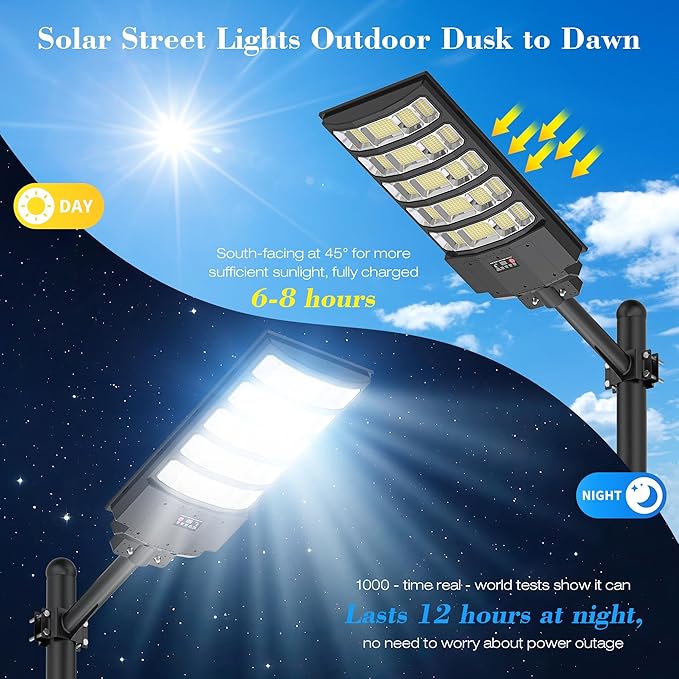 10000W Solar Street Light - 8000K Solar Lights Outdoor IP66 Waterproof,350° Wide Angle Dusk to Dawn,Commercial Solar Parking Lot Lights with Motion Sensor & Remote,LED Flood Light for Yard,Pathway