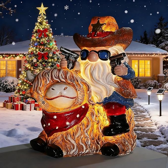 Solar Highland Cow Gnome Statue - Hand-Painted Resin Outdoor Decor for Garden & Yard, Unique Mothers Day Birthday Gifts for Grandma Women (Weatherproof)