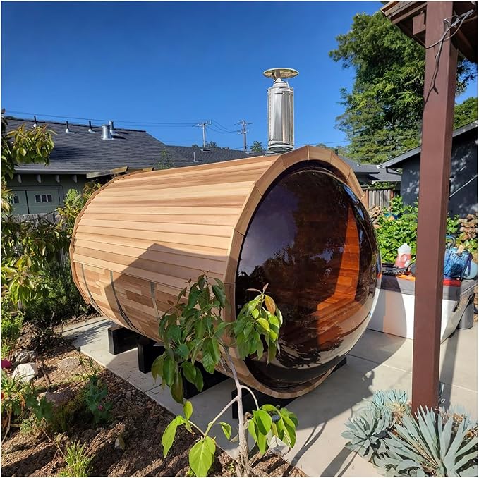 ZONEMEL Barrel Steam Sauna Room with Panoramic View, Canadian Red Cedar Outdoor Sauna with Wood Shingle Roof, Wood-Fired Stove, 8 Person, 8mm Tempered Glass