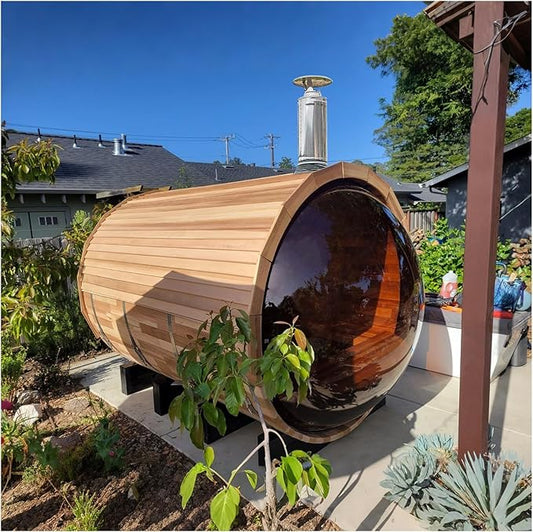 ZONEMEL Barrel Steam Sauna Room with Panoramic View, Canadian Red Cedar Outdoor Sauna with Wood Shingle Roof, Wood-Fired Stove, 8 Person, 8mm Tempered Glass