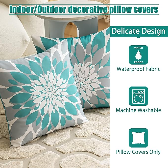 Qahing Pack of 4 Outdoor Waterproof Pillow Covers 16x16 Decorative Outdoor Throw Pillows Garden Square Cushion Cases for Patio Furniture, Couch, Tent Sunbrella, Bench, Teal Turquoise Grey