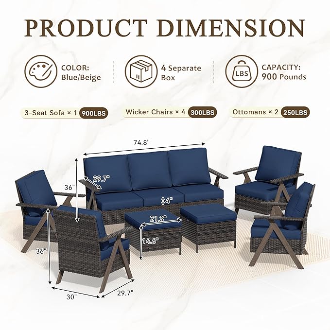 7 Pieces Patio Furniture Set,Outdoor Sofa & High Back Wicker Patio Chairs, Patio Conversation Set with Ottoman for Deck Yard and Poolside