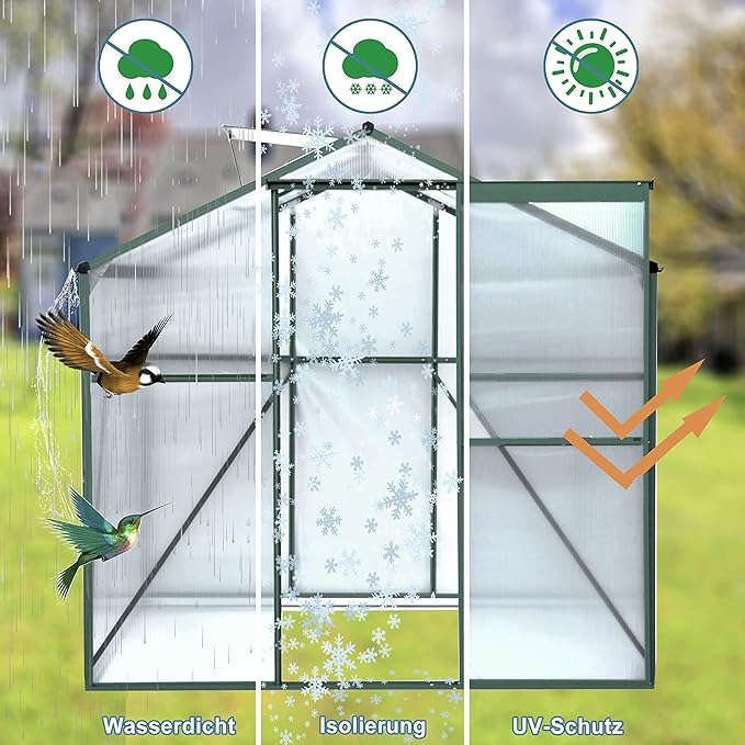 Favfurish 8x6 FT Greenhouses for Outdoors, Outside Heavy Duty Walk in Green House for Garden Plants, UV Protection Adjustable Roof Vent, Thermostatic Waterproof and Insect Resistant, Green