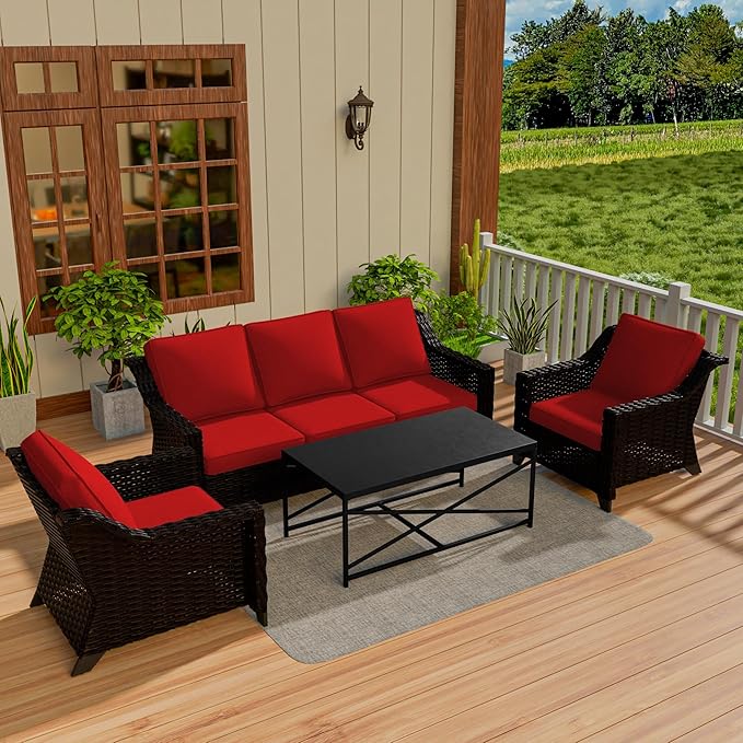 Vista Vibe 4 Pieces Outdoor Patio Conversation Furniture Set - 78" 3-seat Sofa | 2 Chairs | Metal Coffee Table, Deep Seat Loveseat, Removable Cushions, PE Rattan Couch, Lawn (Brown/Red)