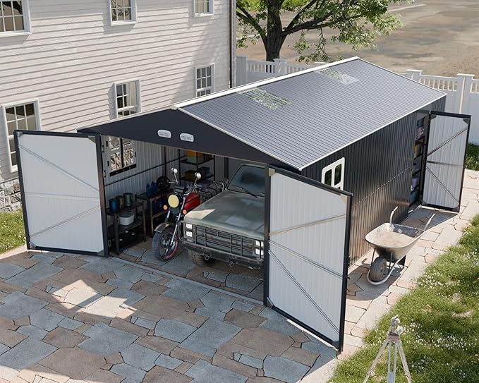 Metal Garage Shed, 13x20x8.5' Large Outdoor Storage Building and Workshop, Weatherproof Steel Carport with Ultra-Reinforced Truss System, Skylights & Dual-Entry