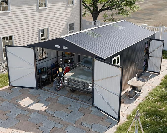 Metal Garage Shed, 13x20x8.5' Large Outdoor Storage Building and Workshop, Weatherproof Steel Carport with Ultra-Reinforced Truss System, Skylights & Dual-Entry