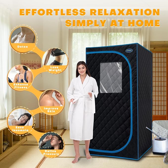Portable Steam Sauna Tent Full Size, Oversized Personal Sauna Kit for Home Spa, Lightweight Sauna Box with Steamer, Time & Temperature Remote Control, Foldable Chair, 32'' x 32'' x 63''