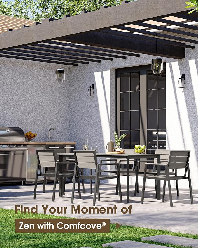 Outdoor Patio Dining set for 4，Aluminum & HDPE 5 Piece Patio Table and Chairs Set with Umbrella Hole, Modren Rectangular Patio Furniture Set with All-weather Table and 4 chairs (Classic Gray)