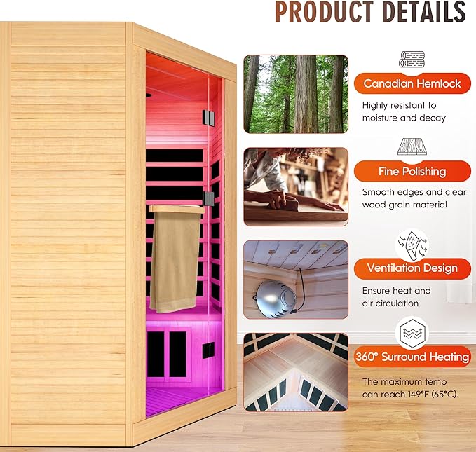 Home Sauna Far Infrared Sauna 7-Colors LED Light Indoor Sauna for 2-3 Person, Dry Sauna Room with Low EMF 2180W,with Canadian Hemlock Wood,with Towel Rack and Cup Holder