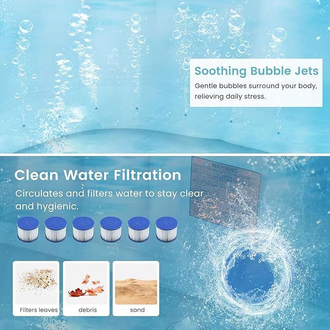 Inflatable Hot Tub for 4-6 People – Portable Heated Spa with 130 Bubble Jets, Insulated Cover, 6 Filter Cartridges & Internal Pump for Backyard or Indoor Use