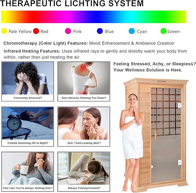 1-Person Home Infrared Dry Sauna Cabin 1600W/110V – Canadian Hemlock Wood, Tempered Glass Door, Red-Light Therapy & Bluetooth Speaker, Easy DIY Assembly, Size 37.1″×35.8″×74″