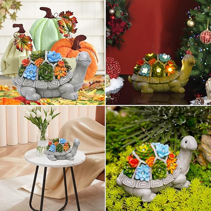 Nacome Garden Outdoor Statues Turtle with Succulent and 7 LED Lights - Lawn Decor Tortoise Statue for Patio, Balcony, Yard Ornament - Unique Housewarming Gifts