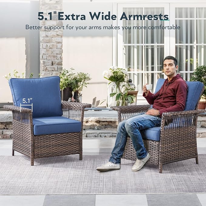 4 Pieces Wicker Patio Furniture Set - Hollow Widen Armrests Comfy Outdoor Rattan Chairs with Ottomans, Small Patio Convention Set for Balcony Porch Deck and Yard - Brown/Blue