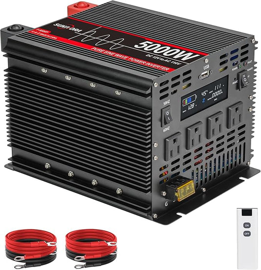 5000 Watt Pure Sine Wave Power Inverter with LCD 12V DC to 110V/120V AC Peak Power 10000W Car Power Inverter with 4 AC Outlets & 1 USB Port & Remote Control for Truck RV Car Solar System