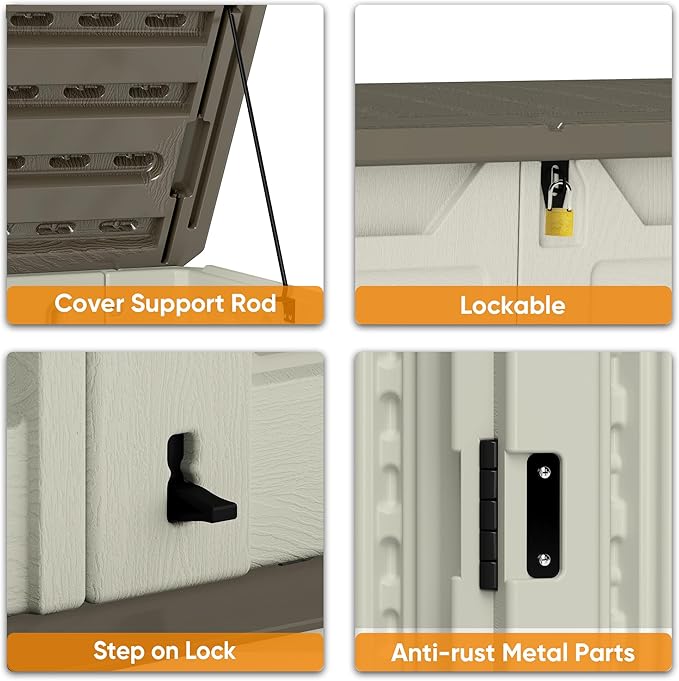 4.4 x 3.8 FT Outdoor Storage Shed, 47 Cuft Outside Waterproof Storage Cabinet, HDPE Resin Plastic 290 Gallon Outdoor Storage Container, Horizontal Lockable Storage Shed, Vanilla