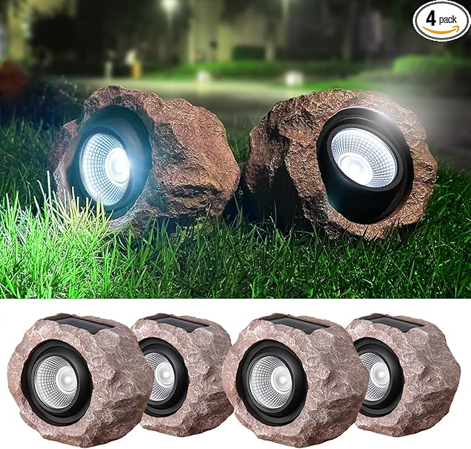 Solar Rock Lights Outdoor, 4 Pack Solar Spotlights Outdoor Waterproof Super Bright Rock Light, Adjustable Light Angle Landscape Rocks for Decks Yard Pathway Walkway Patio Lawn