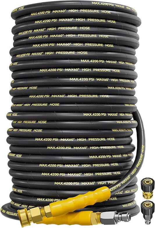 4200PSI Pressure Washer Hose 200FT with 3/8" Swivel Quick Connect for Cold/Hot Water, Kink Resistant Steel Wire Braided, Wear Resistant Power Washer Hose with 2 M22 14mm Adapter Set