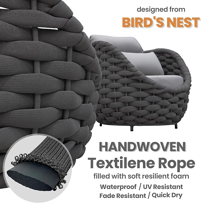 Patio Rope Armchair: Aluminum Woven Accent Chair - Cushioned Lounge Chair with Arms - Modern Garden Chair Assembled - All Weather Outdoor Seating Porch Furniture for 400lbs Deck Balcony Hotel