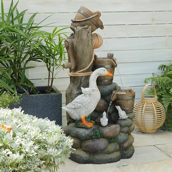 4-Tiers Cascading Outdoor Water Fountain, 31.9'' Tall Duck & Wooden Bucket Stump Waterfall Garden Fountains with LED Lights & Pump Water Feature Resin for Patio, Deck, Yard, Home Decor