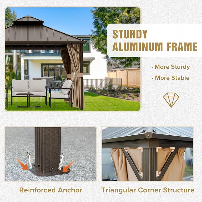 COOS BAY 12x12 Hardtop Gazebo with Aluminum Frame, Galvanized Steel Double Roof Outdoor Pavilion with Netting and Curtains, Dark Brown/Tan