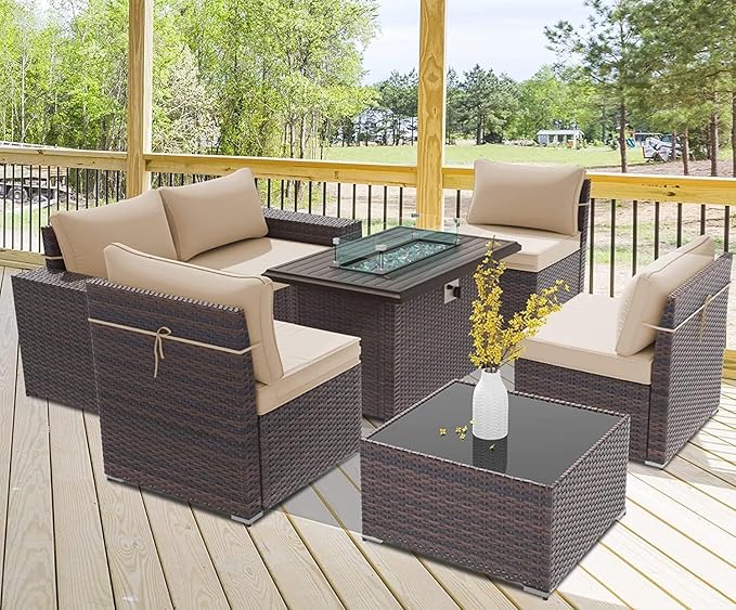 Outdoor Patio Furniture Set with Propane Fire Pit Table, 7 PCS Outdoor Furniture Patio Sectional Sofas Conversation Sets w/ETL Approved 43" Gas Outdoor Fire Table & Coffee Table Brown.