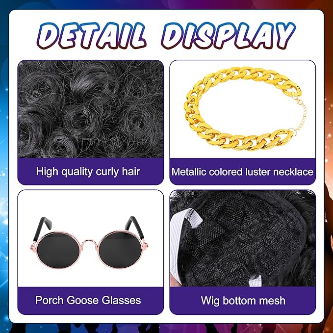 DECOHS 3 Pcs/Set Cool Porch Goose Outfits, Cool Lawn Goose Statue Costume Clothing, Porch Garden Goose Gold Chain Collar Costume Sunglasses Wig for Outdoor Patio Yard Decoration Pet Cosplay Party