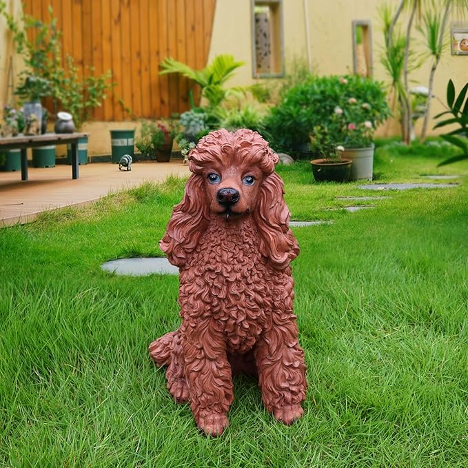 Poodle Outdoor Garden Statue with Double-Sided “Welcome/ON Patrol” Hanging Sign and Solar Lantern, Brown Sitting Dog for Porch, Path & Yard Décor