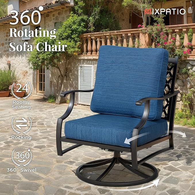 Patio Furniture Set 6 pcs, Outdoor Patio Furniture, 3-Seat Sofa, 2 Swivel Chairs, 2 Ottomans, Coffee Table and 5.75" Extra Thick Cushion, Conversation Set for Backyard Deck, Gemstone Blue