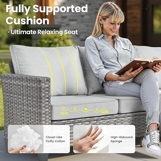 ovios 8 Pieces Patio Furniture Set Outdoor Sofa Couch with Solar Lights Table Comfy Cushions, Modern Deep Seat Wicker Rattan Conversation Set for Porch Deck, Grey