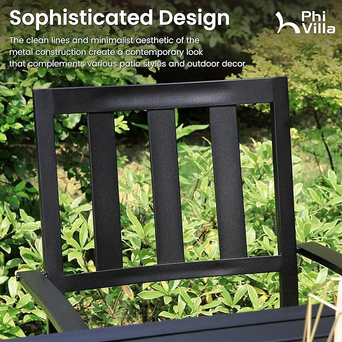 PHI VILLA 5 Pieces Outdoor Dining Set for 4, Metal Steel Square Table with Umbrella Hole & Stackable Black Wrought Iron Chairs, Heavy-Duty Dining Furniture for Patio, Deck, Backyard, Porch