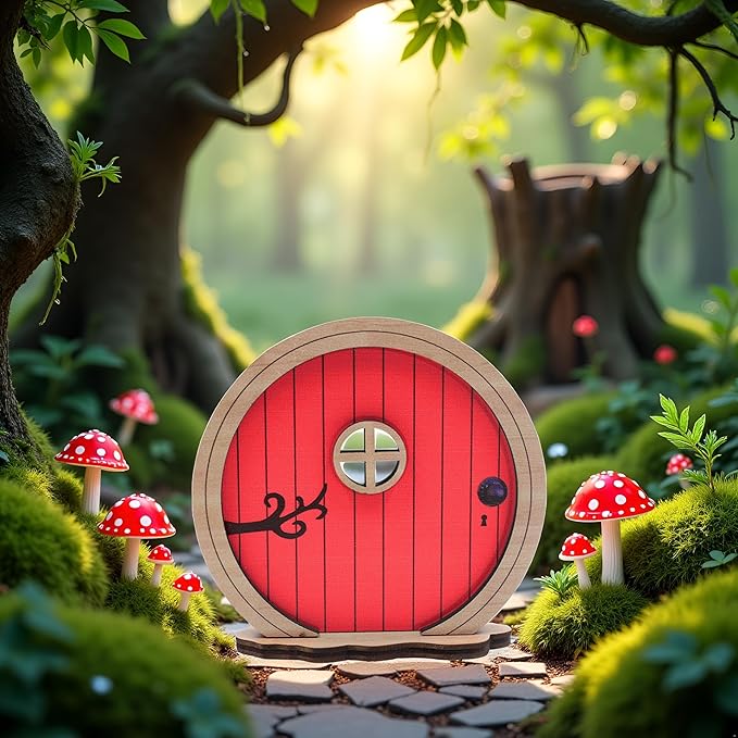 Red Fairy Garden Door,Tree Fairy Doors Decoration for Trees Outdoor and Tree Trunk,DIY Mini Garden Lawn Ornament Decor,Fairytale Tiny House Doors Mini Gift,Buildings and Structures Garden Miniatures