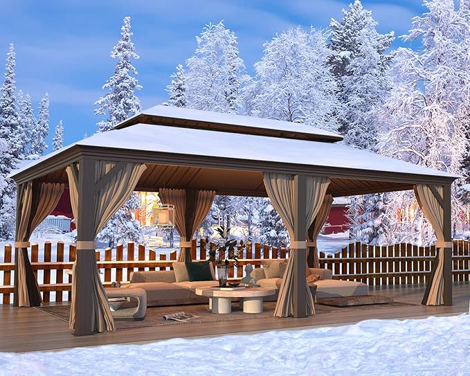 MELLCOM 12' x 20' Hardtop Gazebo,Galvanized Steel Metal Double Roof Aluminum Gazebos with Curtain and Netting,Brown Permanent Pavilion with Aluminum Frame for Patios,Gardens,Lawns