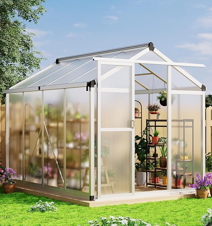 6x8 ft Greenhouse with Roof Vent, Aluminum Walk-in Greenhouses for Outdoors, Heavy Duty Garden House for Backyard, Patio, Easy Assembly
