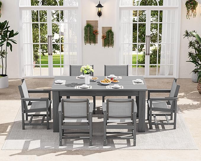 SERWALL 5 Piece Outdoor Dining Table Sets for 4 with 1 Umbrella Hole Cut-Out Rectangular Table and 4 Textilene Chairs, HDPE Dining Table Sets for Garden, Backyard, Poolside, Gray
