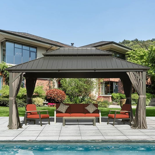 Domi 10' x 14' Hardtop Gazebo Permanent Metal Gazebo with Galvanized Steel Double Roof, Curtains and Netting for Outdoor Dining, Party, Patio, Backyard, Grey