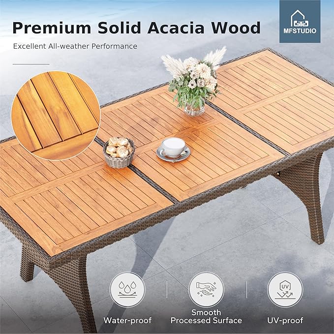 MFSTUDIO Acacia Wood Outdoor Dining Table, 75’’ Rectangular Dining Table for 6-8 with Storage Space, Metal & Wicker Frame and Adjustable Foot Pads, Patio Table for Deck, Backyard